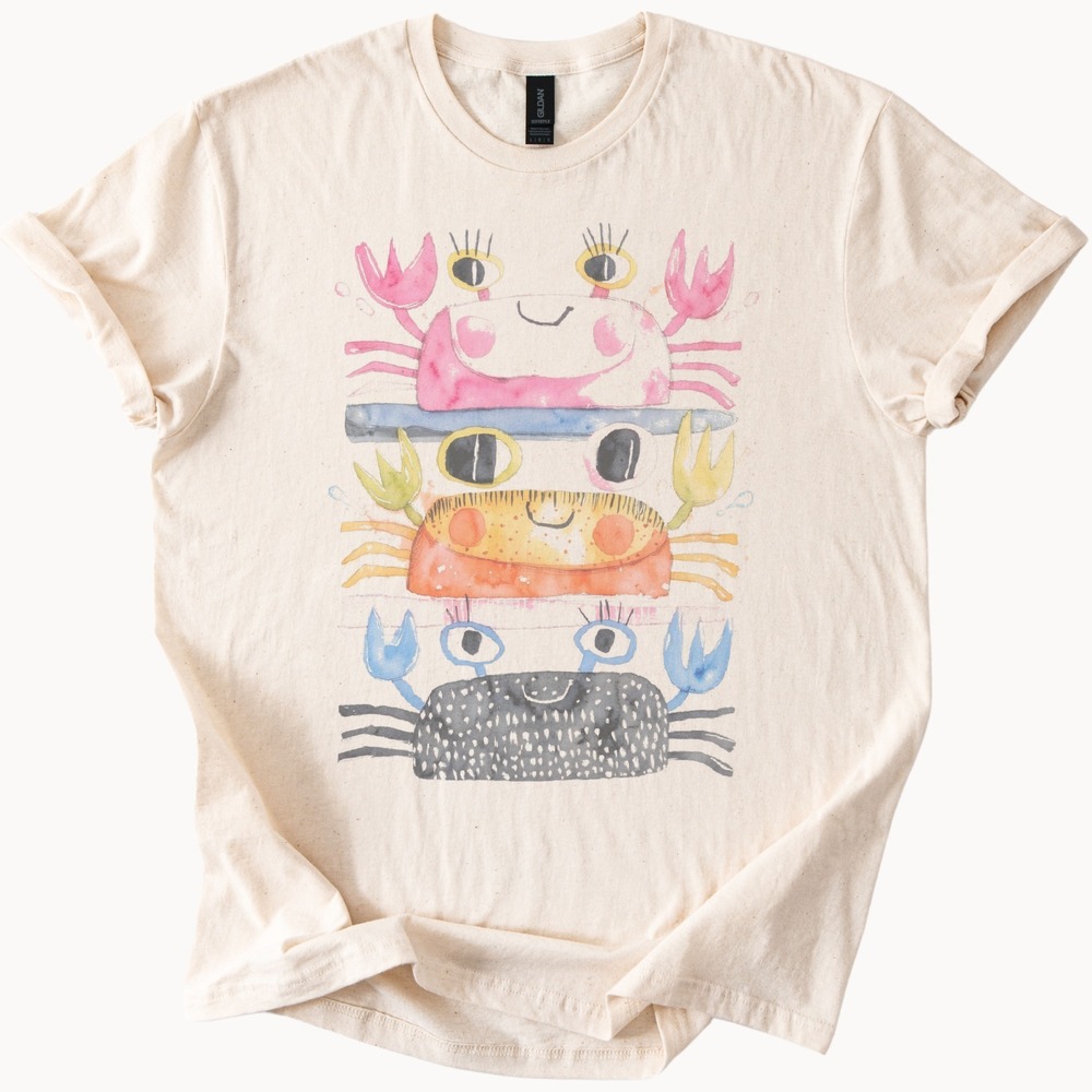 Stacked Crabs Graphic Tee Colorful Ocean Art Design
